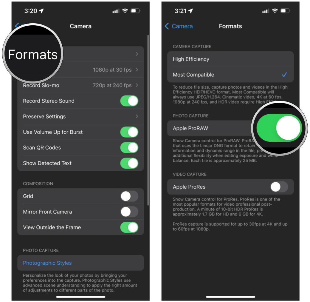 Turn on Apple ProRAW on iPhone by showing: Tap Formats, tap the toggle for ProRAW format