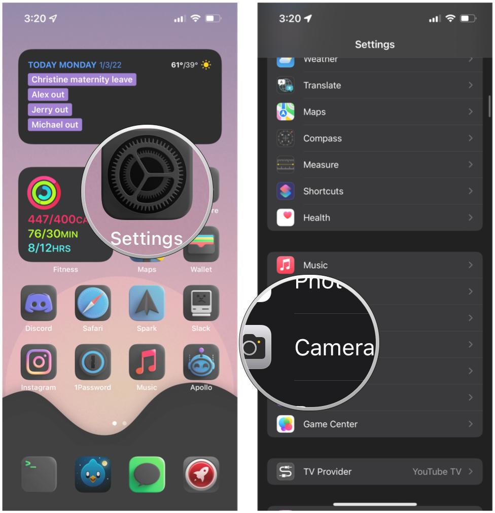 Turn on Apple ProRAW on iPhone by showing: Launch Settings, tap Camera