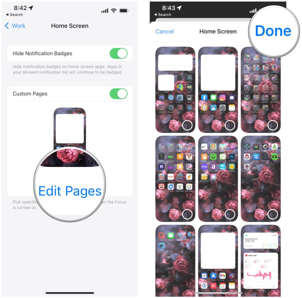 How to customize the Home Screen in Focus on iPhone by showing: Tap Edit Pages, select your pages, tap Done