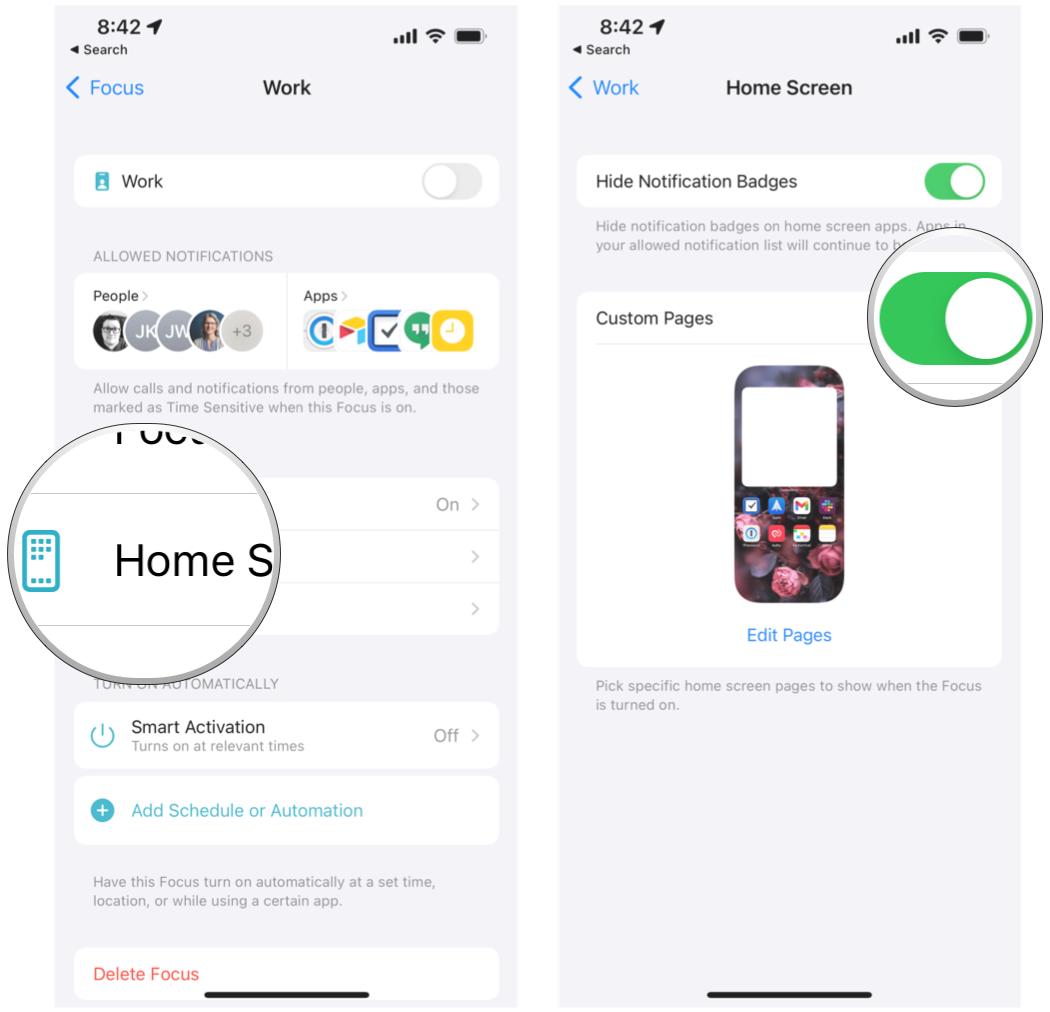 How to customize the Home Screen in Focus on iPhone by showing: Tap Home Screen, tap Hide Notification Badges if you don't want any badges, tap toggle for Custom Pages to ON