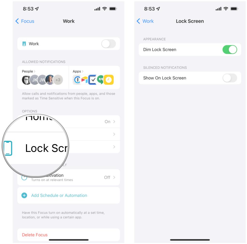 Customize the Home Screen in Focus by showing: Select Lock Screen under Options to dim the lock screen while Focus is on, and you can choose whether to show silenced notifications on the lock screen or not