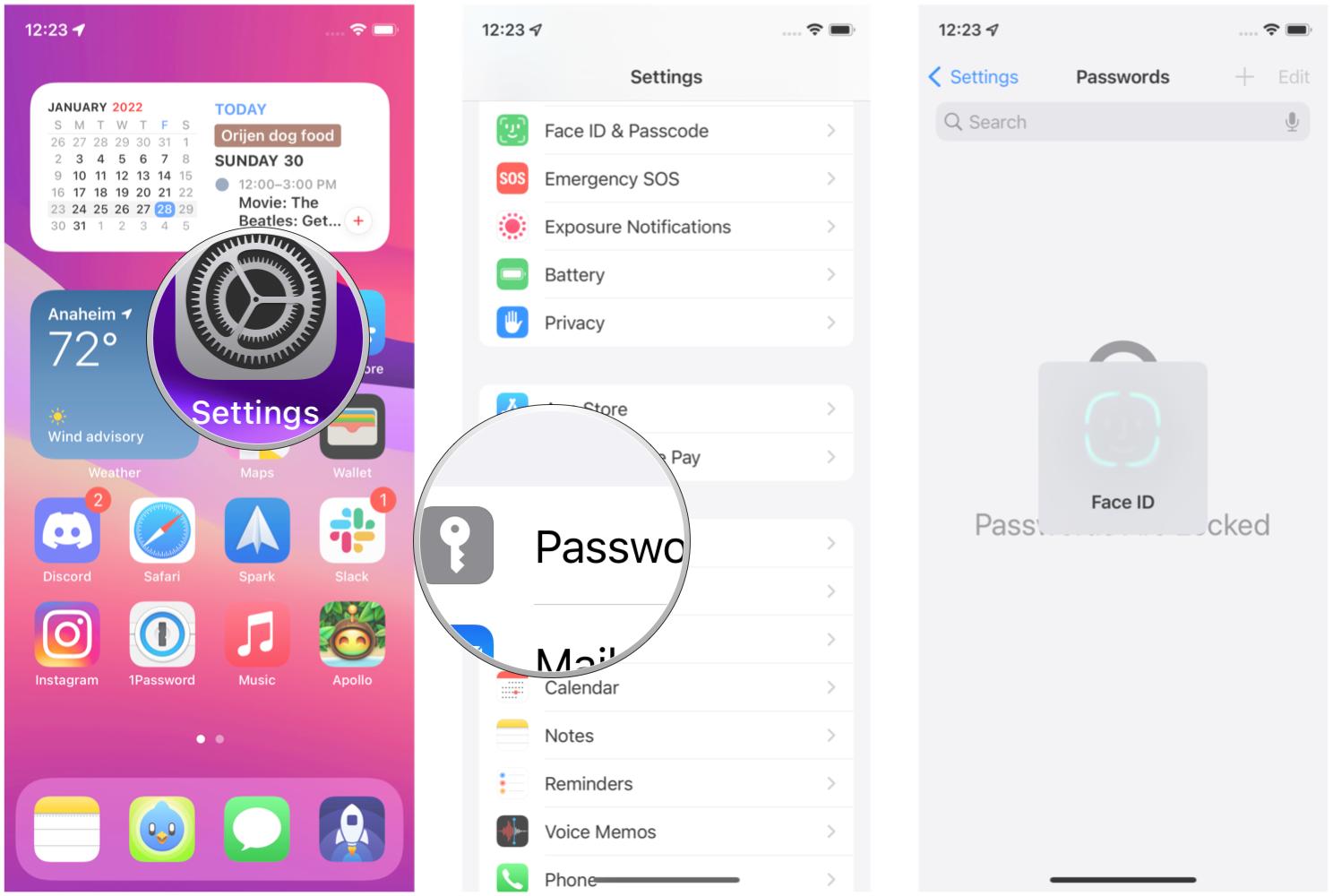 Add a note to a password in iOS 15.4 on iPhone by showing: Launch Settings, tap Passwords, authenticate
