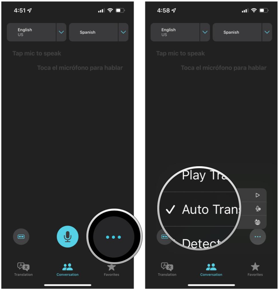 Turn on Auto Translate in the Translate app on iPhone by showing: In Conversation view, tap the More button to the right of the blue microphone, then tap Auto Translate in the pop-up menu