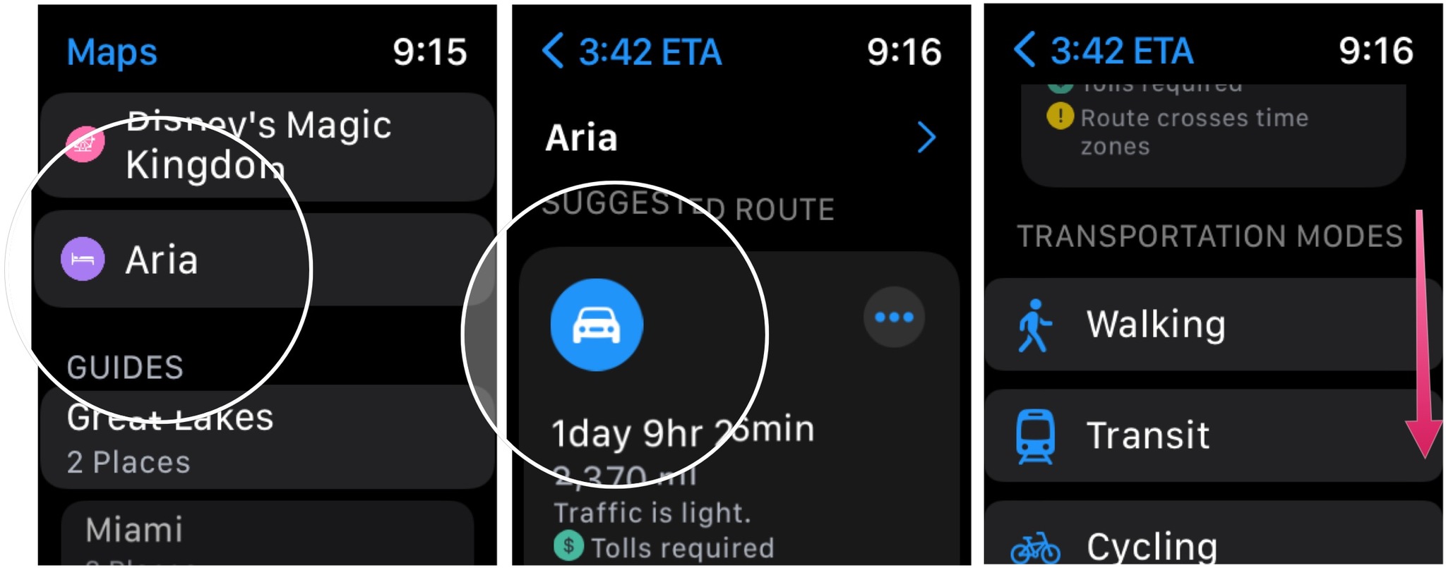 To open the Maps app on Apple Watch, choose a location, then tap on a suggested route, choose a route to get started. 