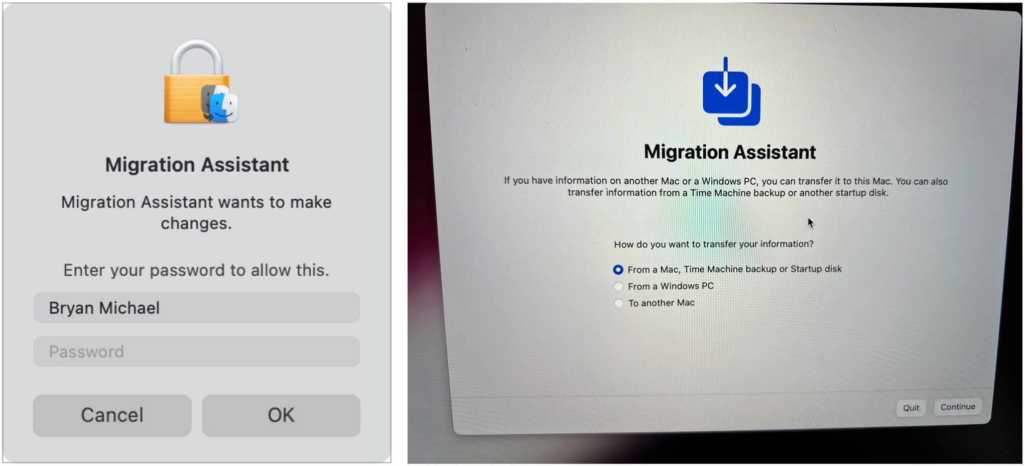 To transfer data to new Mac using Migration Assistant, click Continue then log into your Mac account. Select how you want to transfer your information, then click Continue.