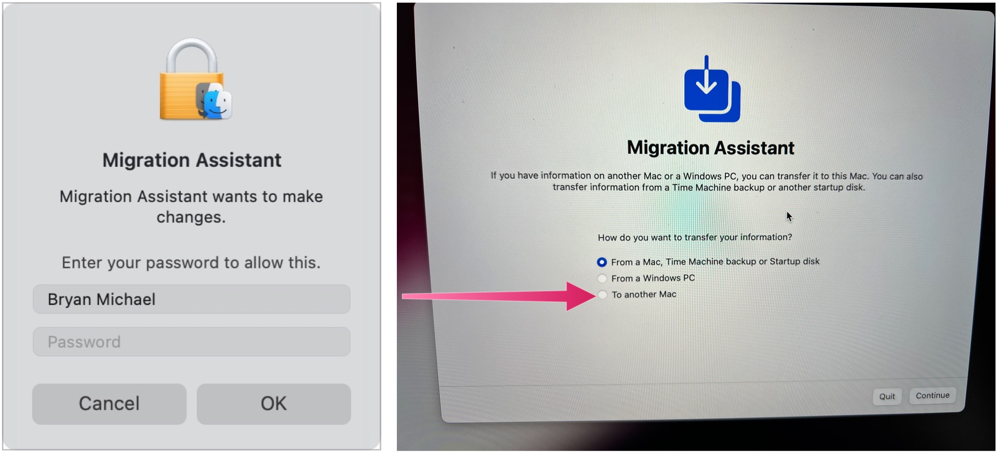 To transfer data to new Mac using Migration Assistant, click Continue. Then log into your Mac account. Select the option to transfer to another Mac.Click Continue.