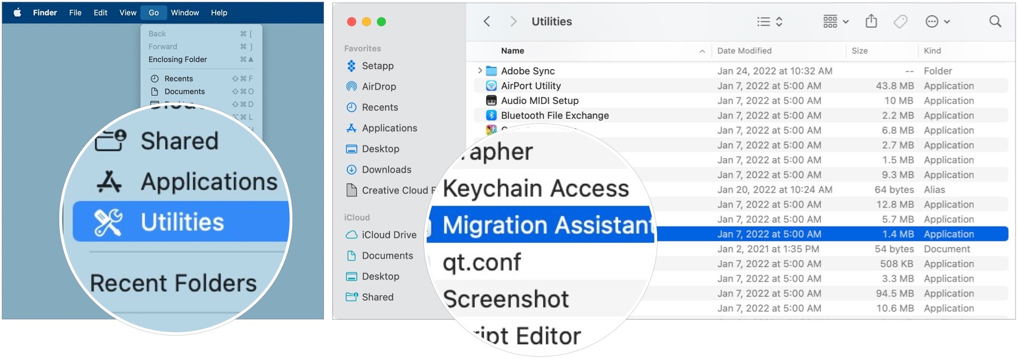 To transfer data to new Mac using Migration Assistant, click Go on your Mac's menu bar, then choose the Utilities folder on the pull-down menu. Click Migration Assistant. 