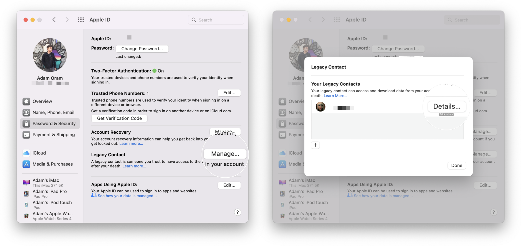 Delete an inherited contact on your Mac: Click Manage, click Details