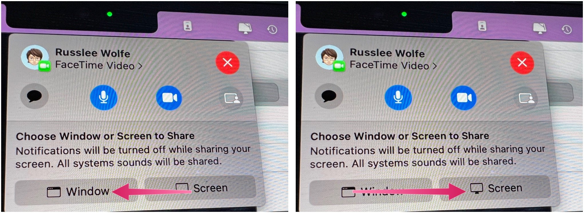 To share your screen using SharePlay in FaceTime, click the FaceTime button, then choose the Screen Share button. Select Window or Screen. 