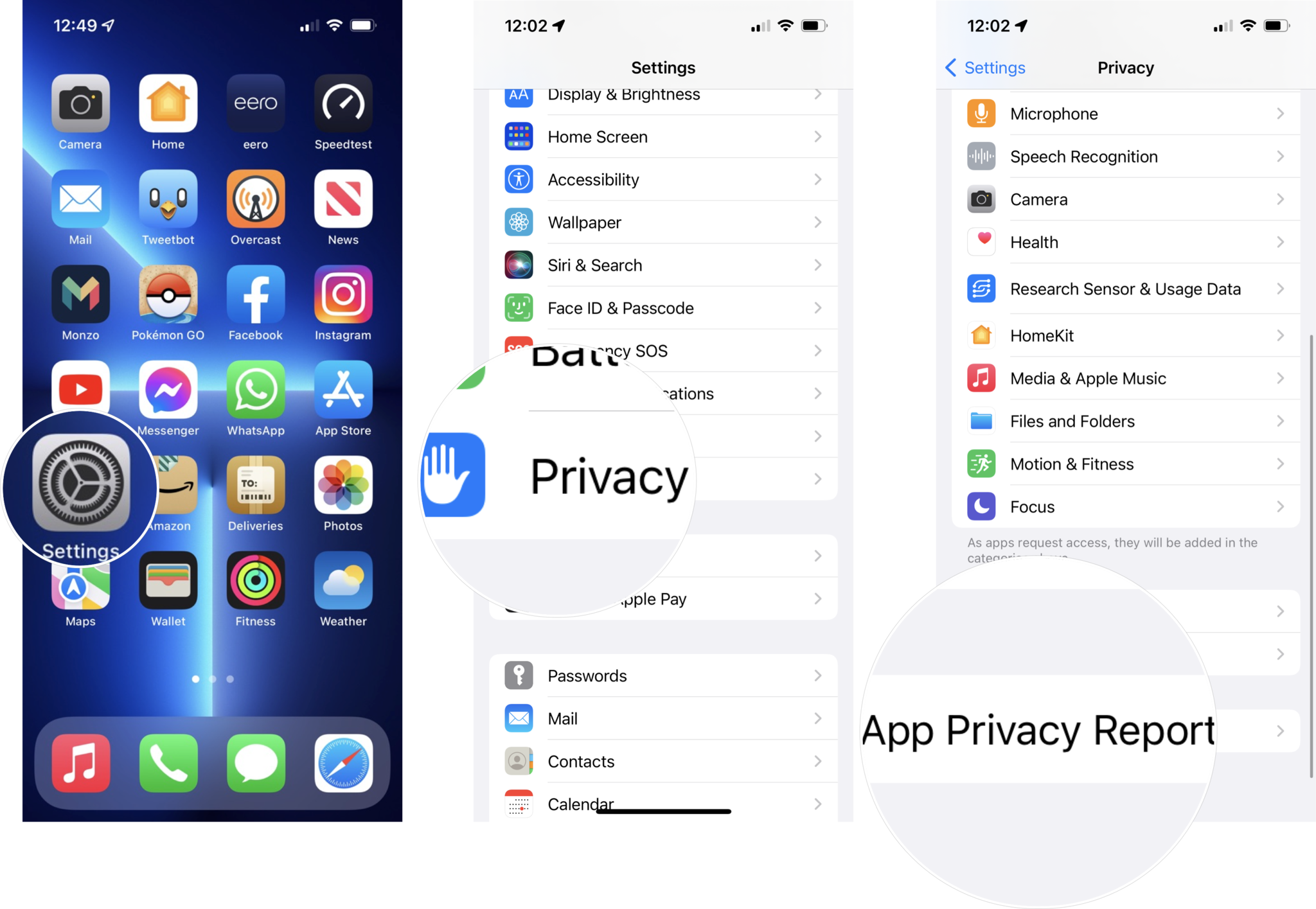 How to turn off App Privacy Report: Open Settings, tap Privacy, tap App Privacy Report