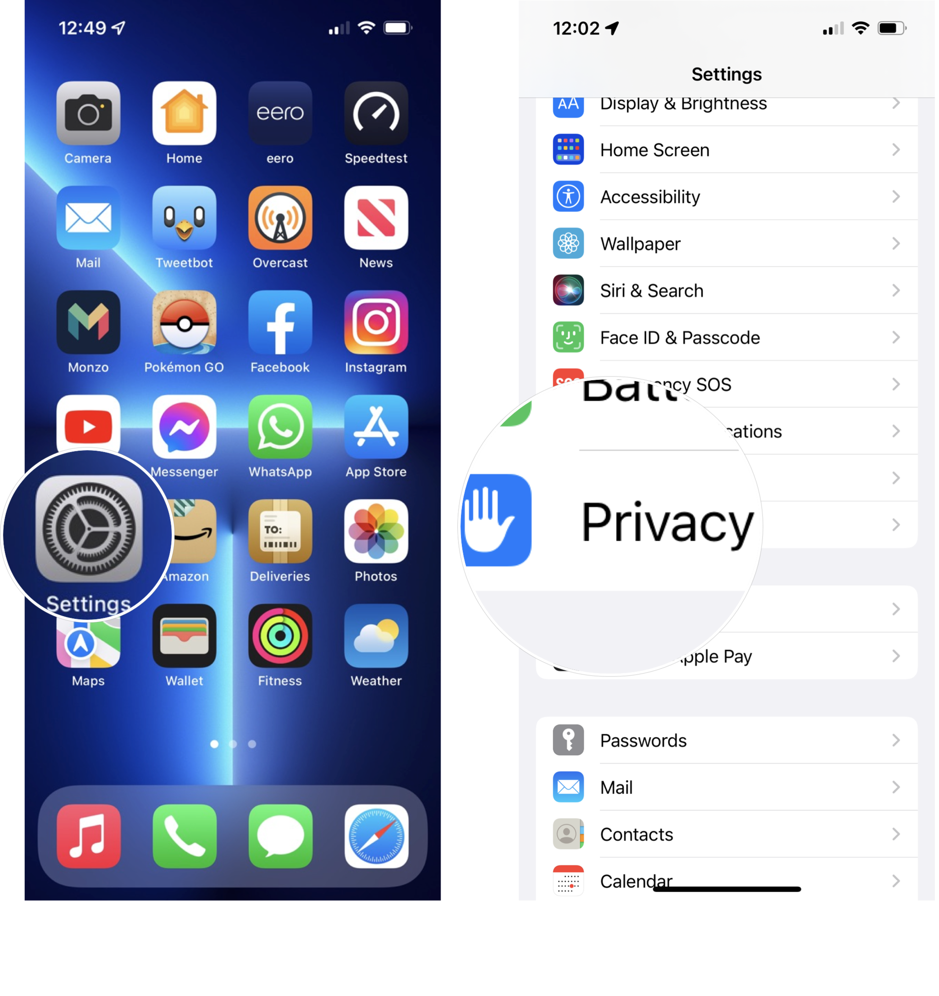 How to turn on App Privacy Report: Open Settings, tap Privacy