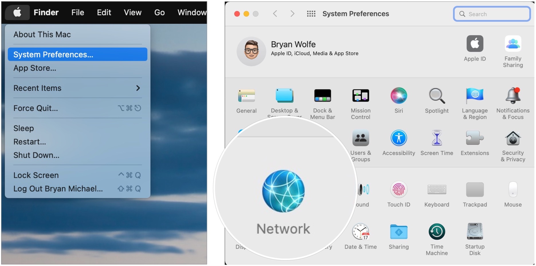 To connect to a VPN on your Mac, click on the Apple icon at the top left, then choose System Preferences from the pull-down menu. Then select Network. 