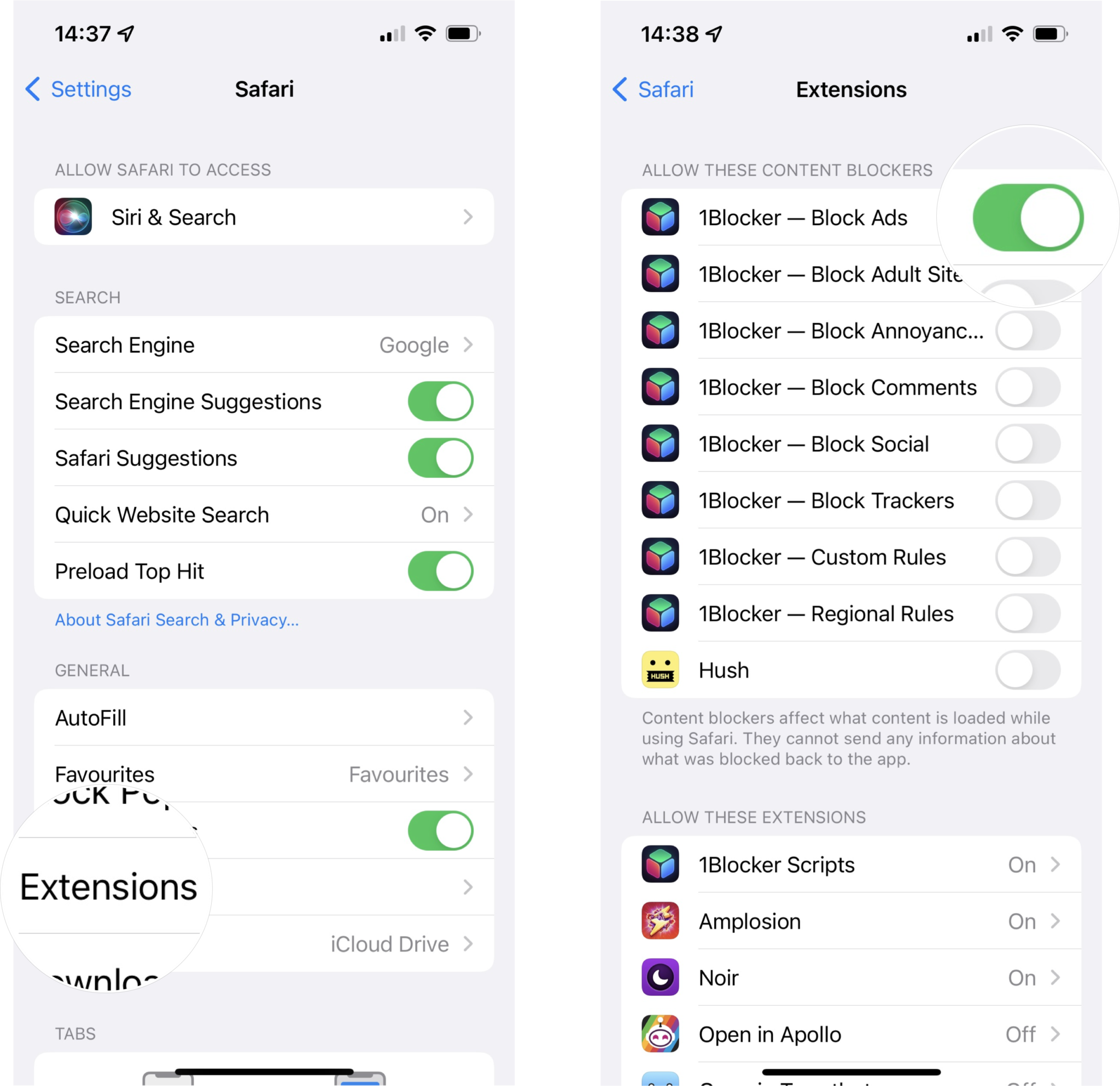 How to block ads on iPhone or iPad: Tap on Extensions, enable your content blocker app.