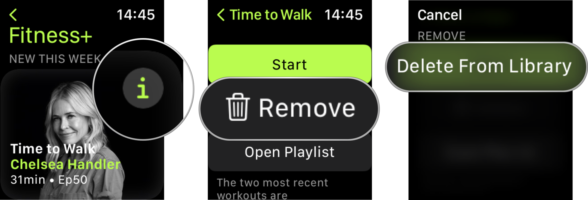Delete individual Time to Walk and Time to Run episodes on Apple Watch: Tap the i icon on the Audio Workout, scroll down and tap Remove, Tap Delete From Library to confirm.