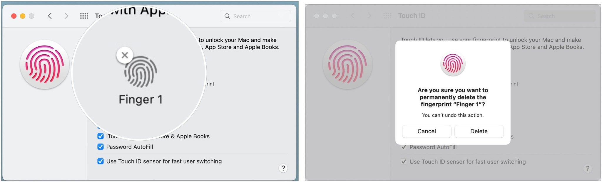 To delete and re-add your Touch ID fingerprints, hover over the fingerprint you wish to delete and click on the X. Enter your password and then confirm that you want to delete the Touch ID.