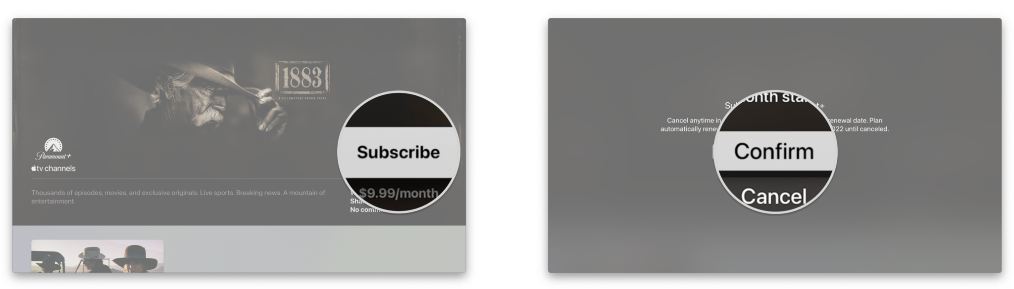 How to subscribe to Channels in the Apple TV app on Apple TV by showing steps: Click Subscribe or Try It Free, Click Confirm