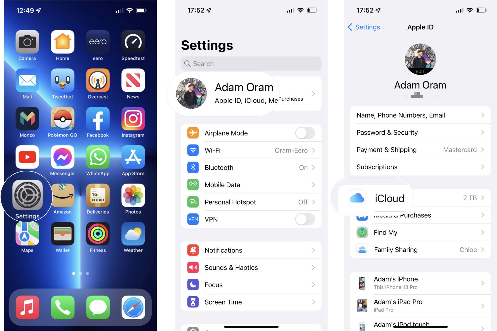 Add a custom email domain for iCloud Mail on iOS: Open Settings, tap your name, tap iCloud.