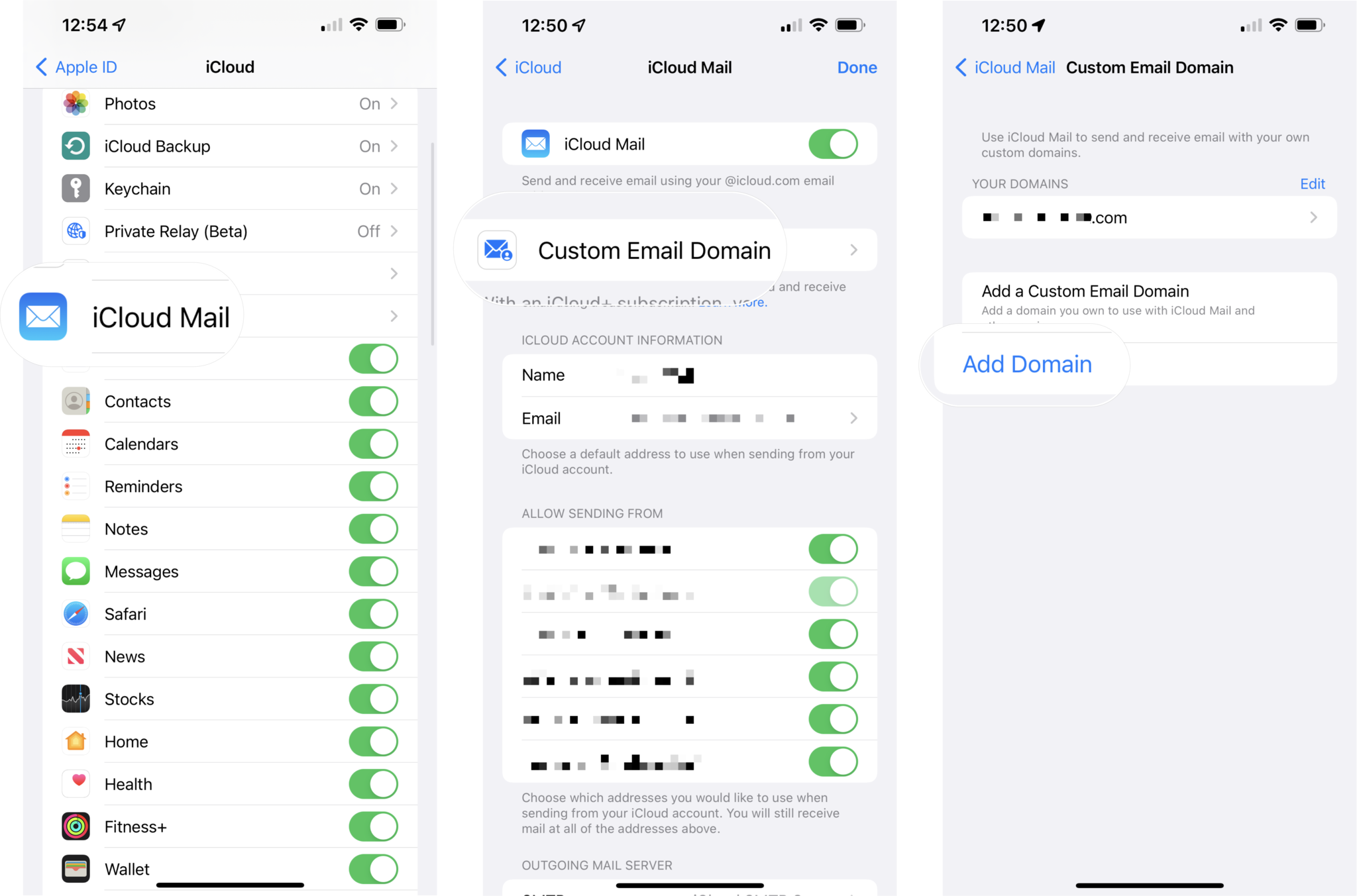 Add a custom email domain for iCloud Mail on iOS: Tap iCloud Mail, tap Custom Email Domain, tap Add Domain and fill out your domain details.