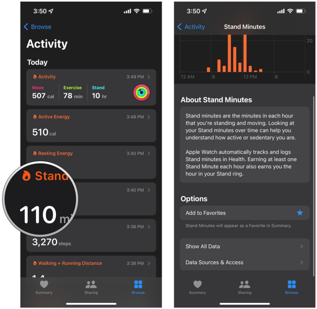 Browse through health data in Health on iPhone by showing: Tap a health point, view the data