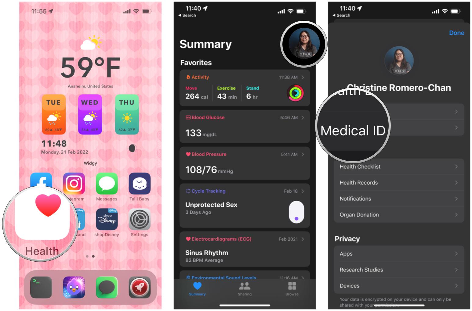 Set up Medical ID on iPhone in Health app: Launch Health, tap Apple ID, tap Medical ID