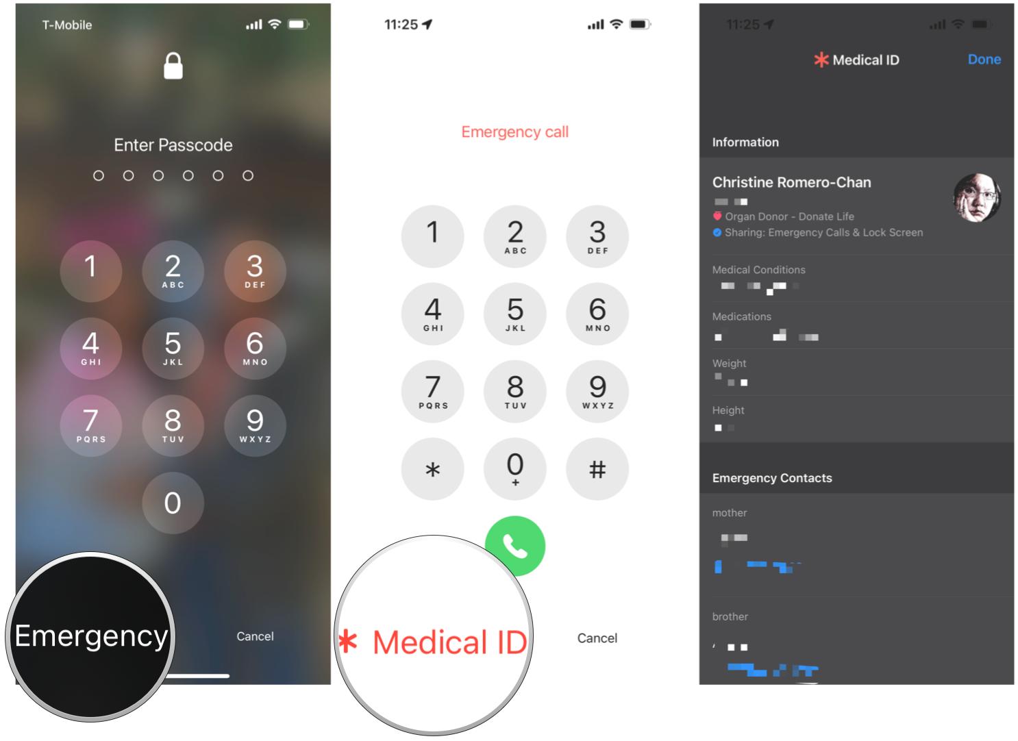 View someone's Medical ID on iPhone by showing: Bring up passcode entry screen on Lock Screen, tap Emergency, tap Medical ID