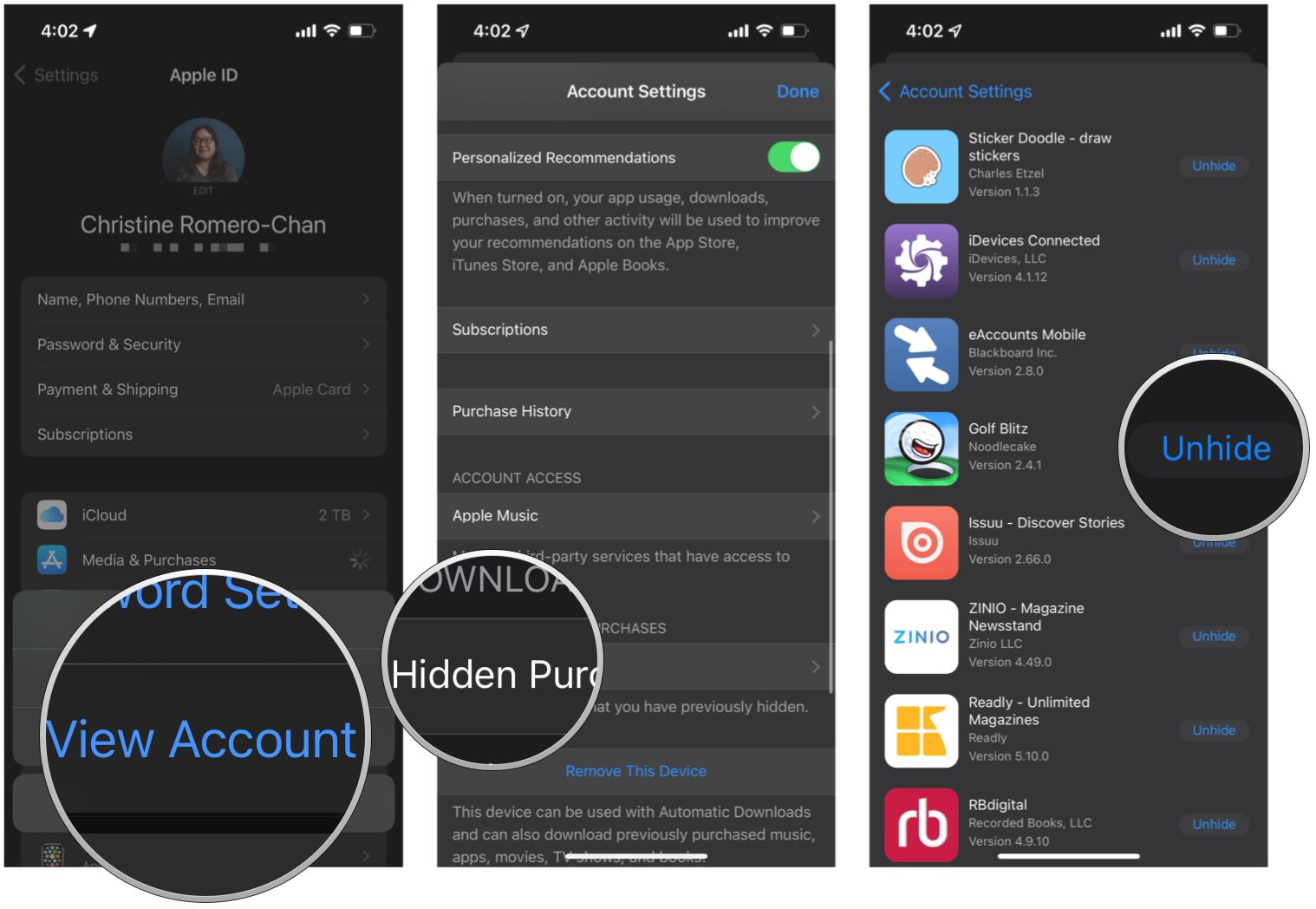 View hidden apps and unhide them on iPhone by showing: Tap View Account, tap Hidden Purchases, tap Unhide on what you want to unhide