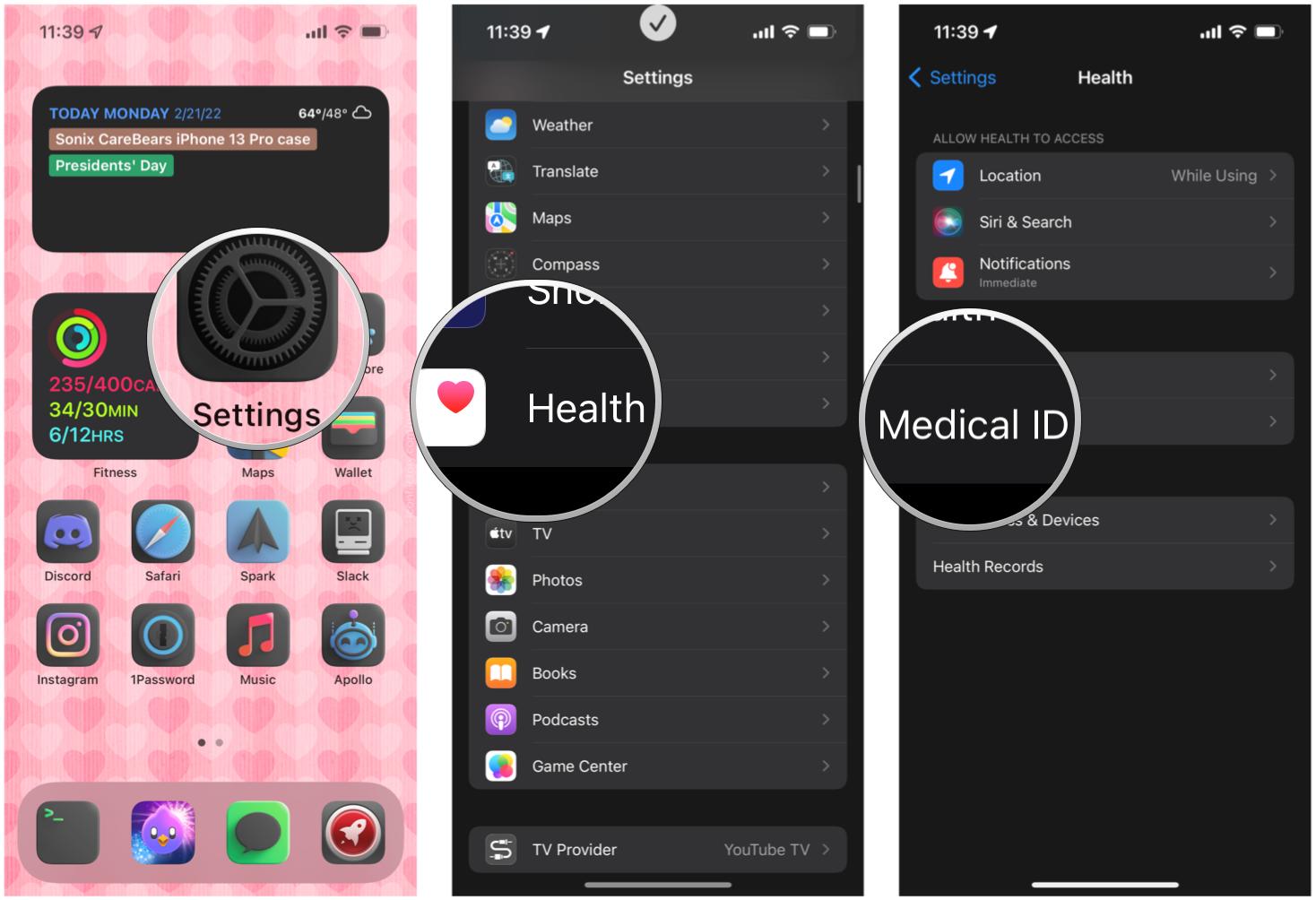 Set up Medical ID on iPhone in Settings: Launch Settingsg, tap Health, tap Medical ID