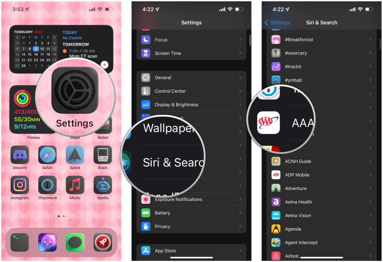 How to hide apps from iOS search on iPhone by showing: Launch Settings, tap Siri & Search, tap the app you want to hide