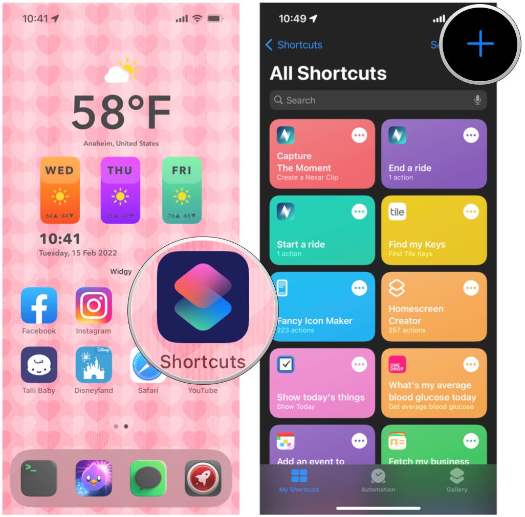 Customize app icon in Shortcuts on iOS 15: Launch Shortcuts, tap New Shortcut