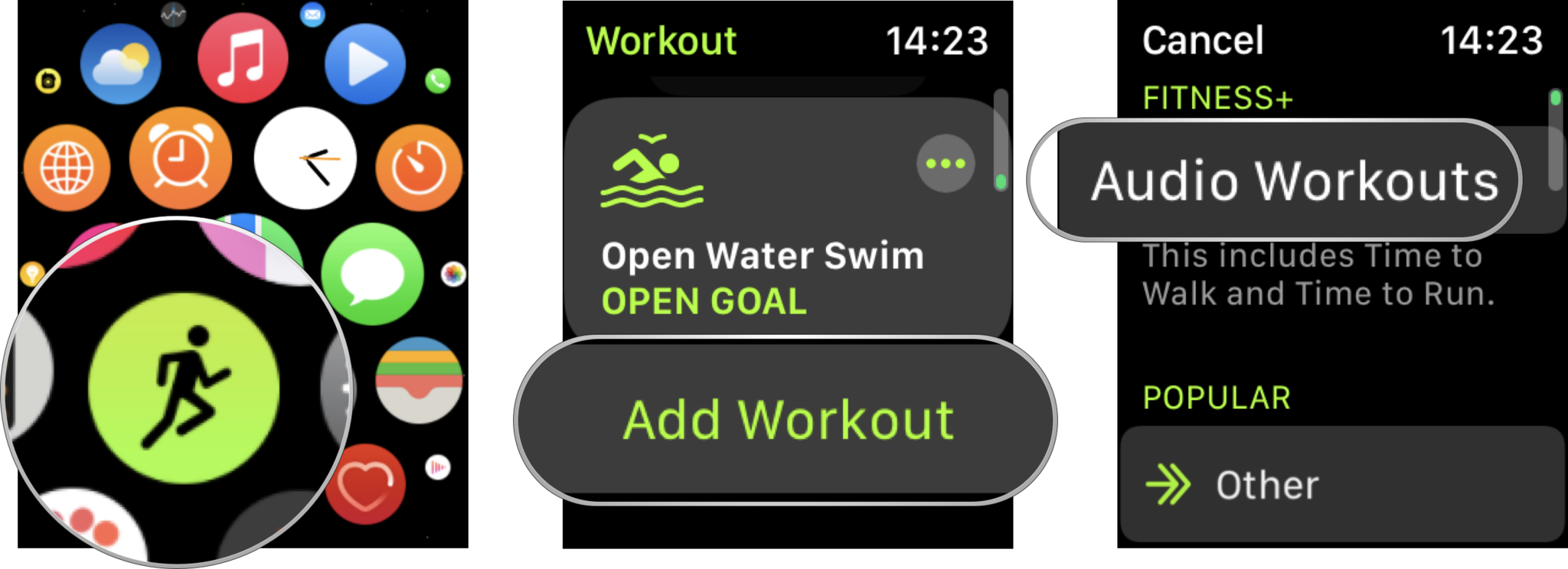 Re-enable Time to Walk and Time to Run workouts on Apple Watch: Open the Workout app, scroll to the bottom of the list and tap Add Workout, tap Audio Workouts.