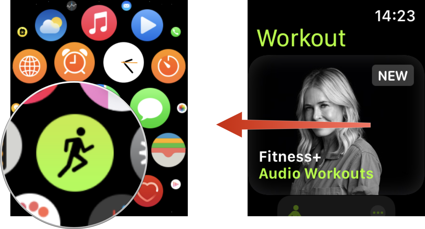 Remove Time to Walk and Time to Run workouts: Open Workouts app, swipe from right to left on Audio Workouts.