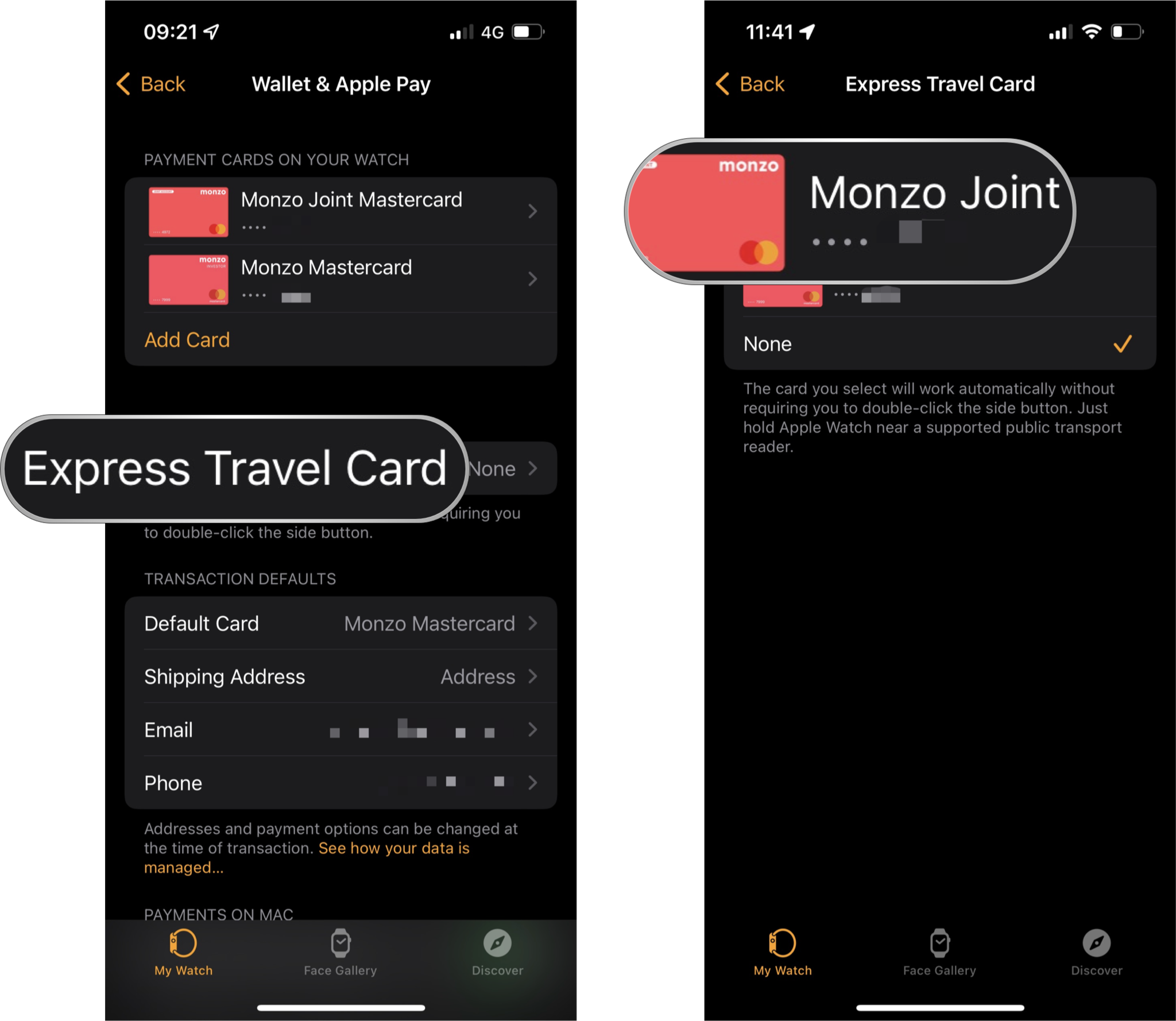 Set up Apple Pay Express Transit on Apple Watch: Tap Express Transit Card, tap on the card you wish to set as a payment method.