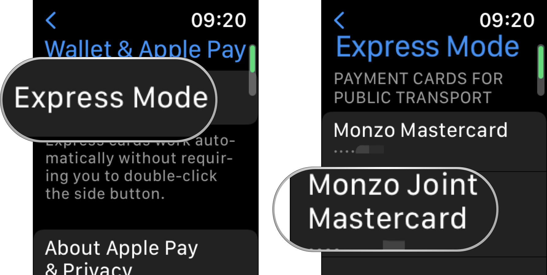 Set up Apple Pay Express Transit on Apple Watch: Tap Express Mode, tap on the card you wish to set as a payment method.