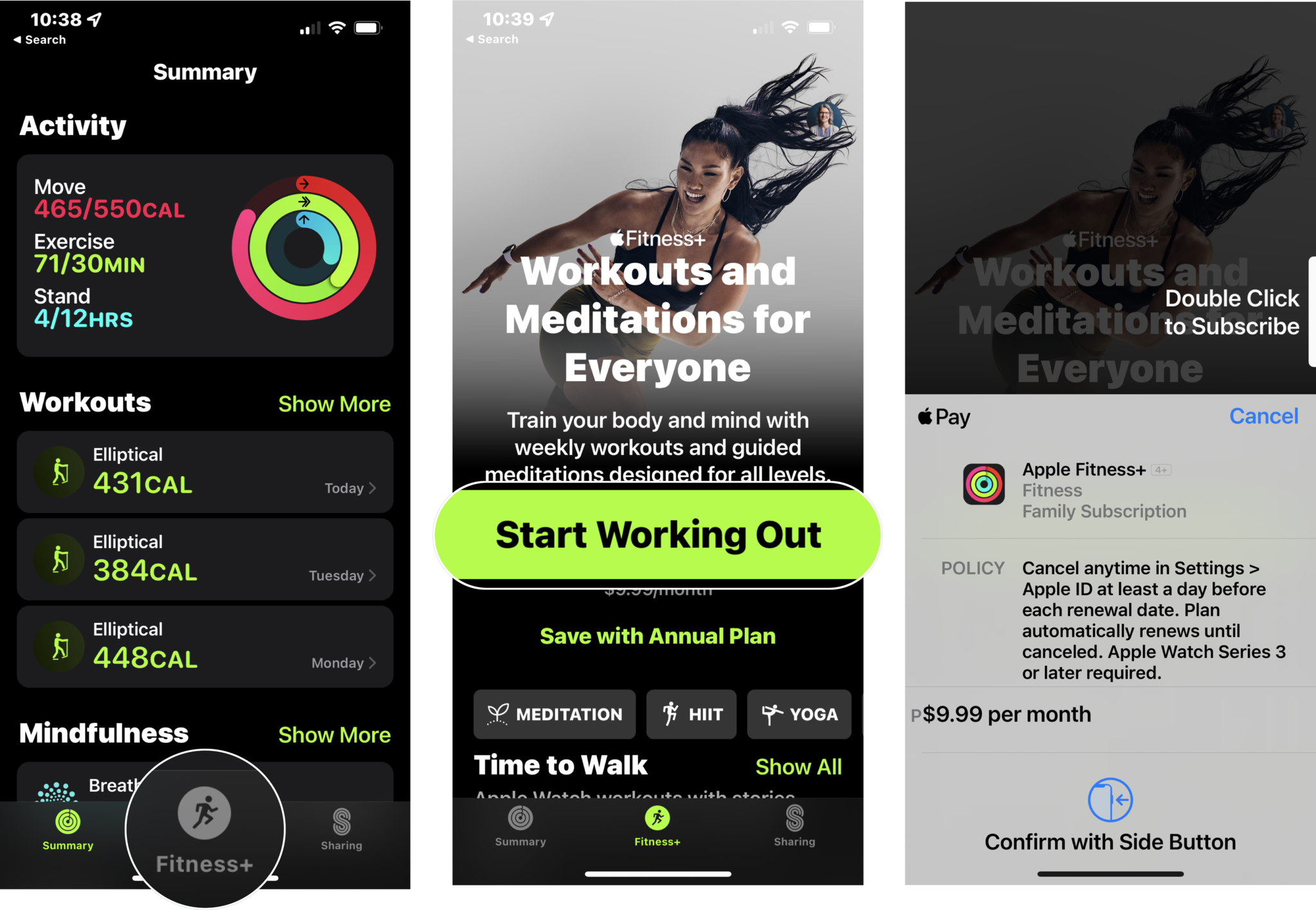 How to set up Apple Fitness+: In Fitness app, tap the Fitness+ tab, tap Get Started, Try It Free, or Start Working Out, select the trial offer (if appropriate), and confirm your payment details to subscribe.