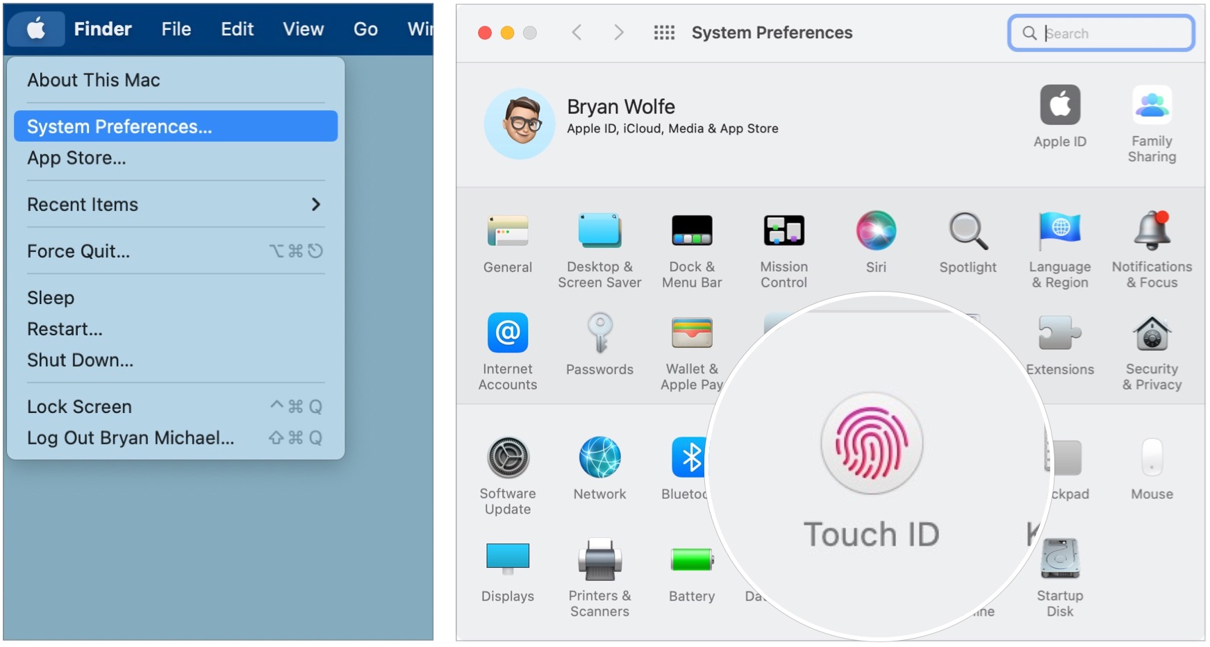 To delete and re-add your Touch ID fingerprints on Mac, click on the Apple menu at the top left, then select System Preferences from the drop down menu.  Select Touch ID. 