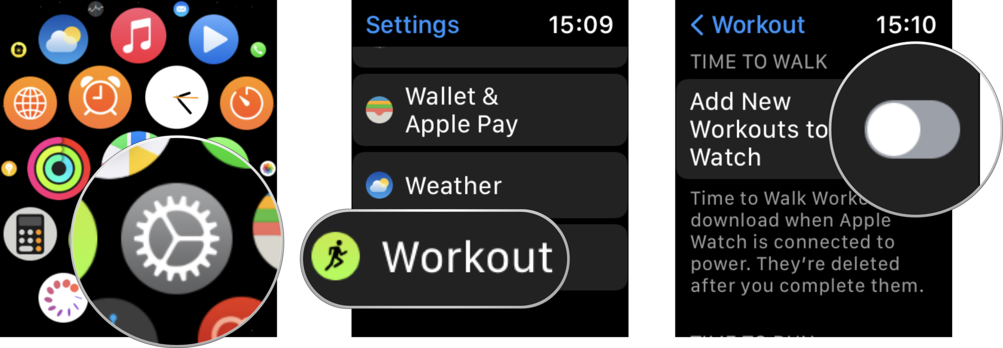 Stop automatic Time to Walk and Time to Run episode downloads on Apple Watch: Open Settings, tap Workout, under Time to Walk and Time to Run turn the toggles beside Add New Workouts to Watch to the off position.