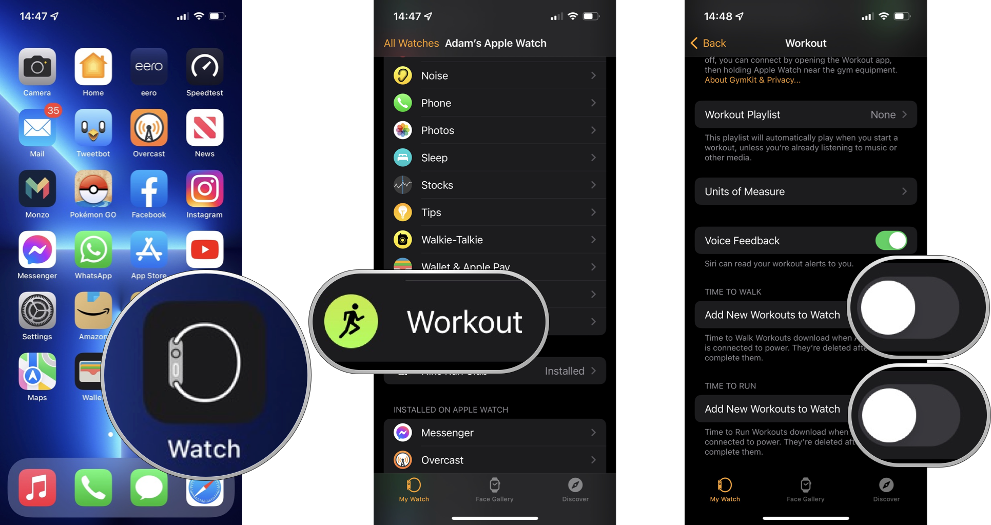 Stop automatic Time to Walk and Time to Run episode downloads on iPhone: Open the Apple Watch app, tap on Workout, under Time to Walk and Time to Run turn the toggles beside Add New Workouts to Watch to the off position.