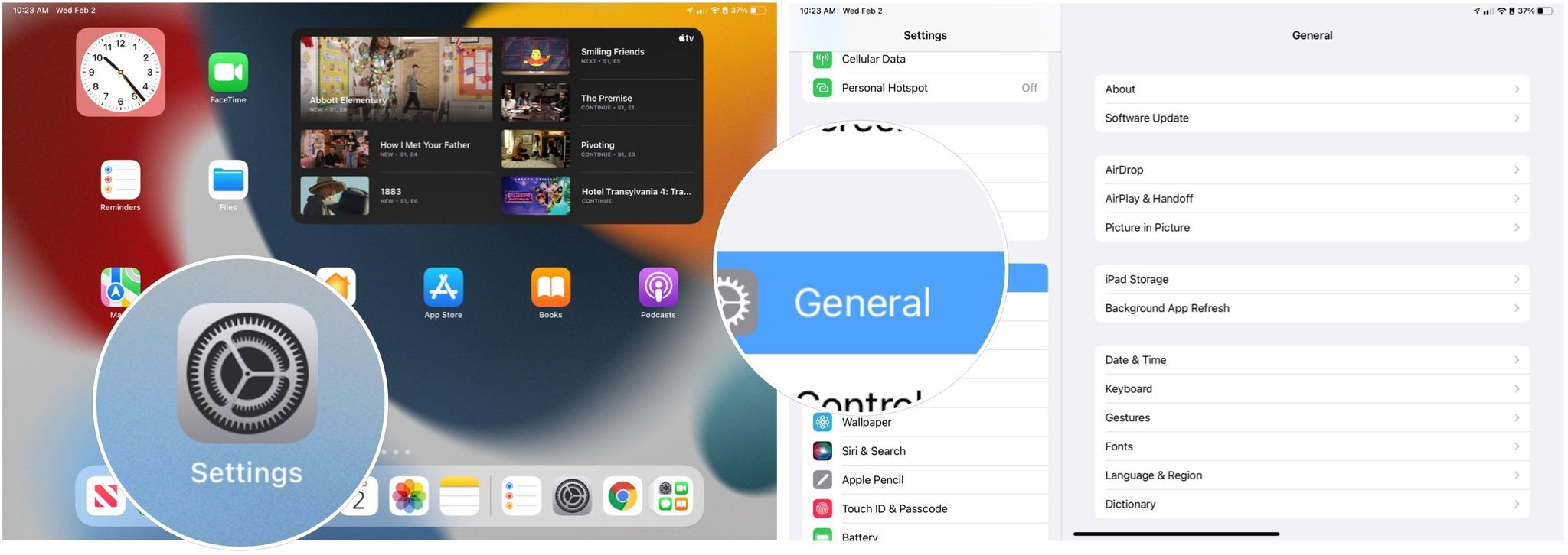 Pour configurer Universal Control sur iPad, ouvrez l'application Paramètres.  Choisissez ensuite Général dans le menu de gauche. 
