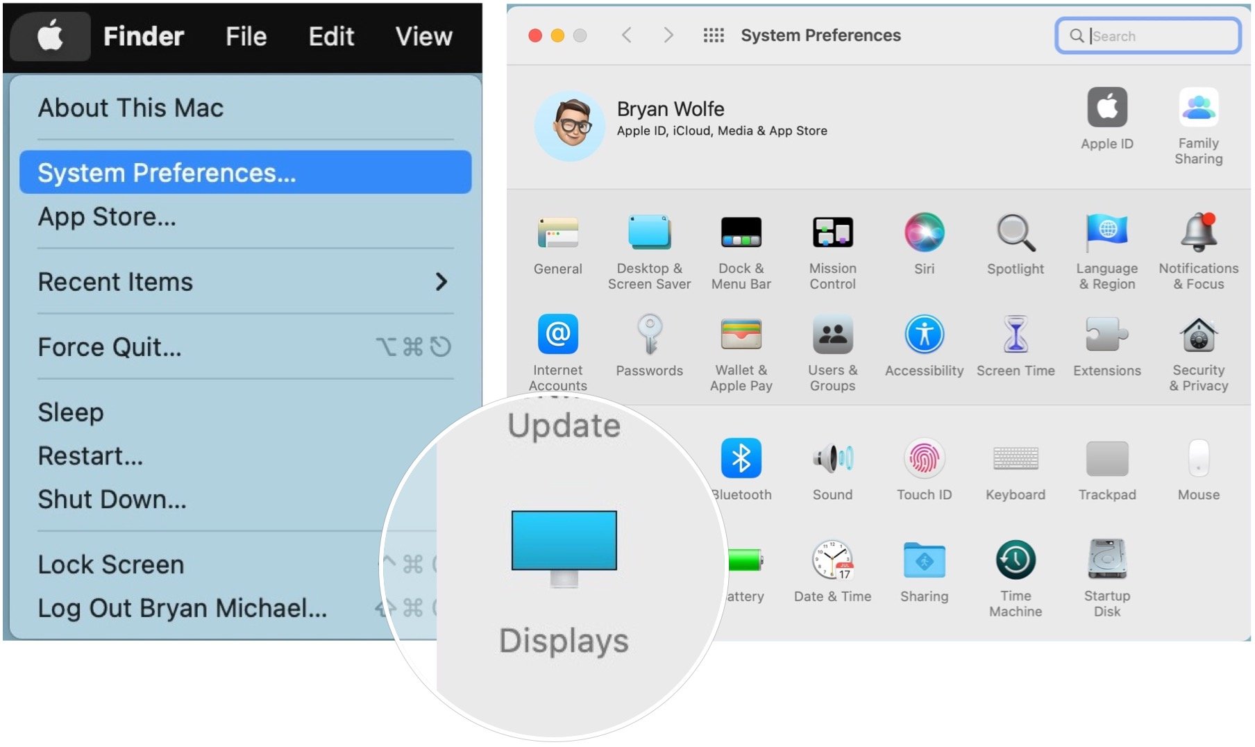 Pour configurer Universal Control sur Mac, choisissez l'icône Apple en haut à gauche de l'appareil.  Sélectionnez Préférences système dans le menu déroulant et choisissez Affichages. 