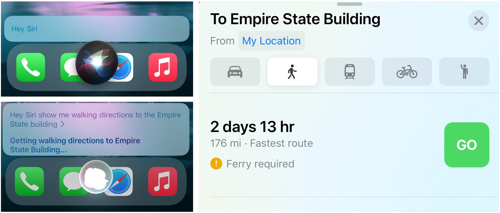 To get walking directions with Maps and Siri, say "Hey Siri, show me walking directions to (the location)." Tap Go to start voice navigation. 