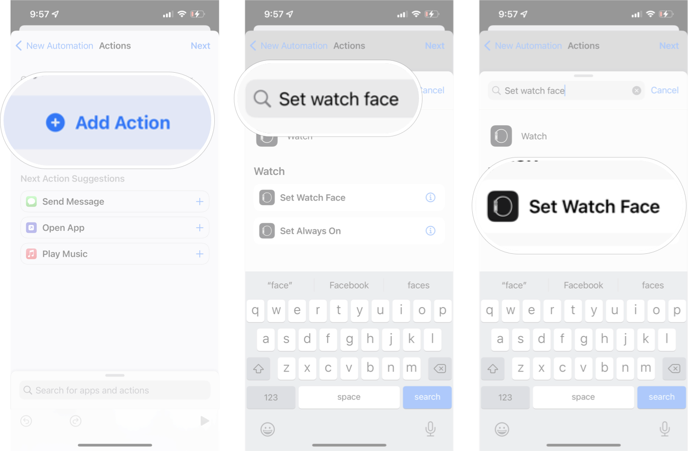 Adding Action To Location Based Automation: Tap Add Action, type Set watch face in the search bar, and then tap Set Watch Face.
