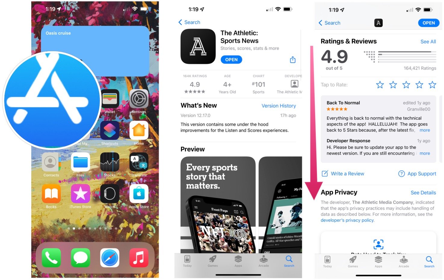 To find reviews in the App Store, launch the App Store app, then app on an app that you wish to see reviews. Swipe up or down and tap See All next to Ratings & Reviews.