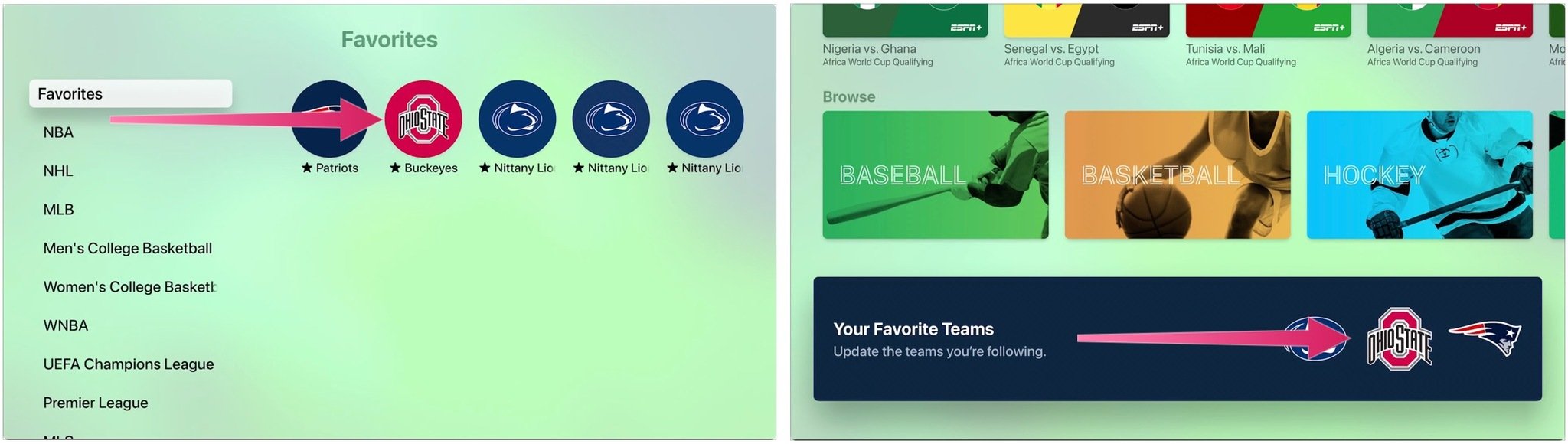 To set up the TV app for your favorite teams, view your favorite teams under the Your Favorite Teams section under the Sports tab.