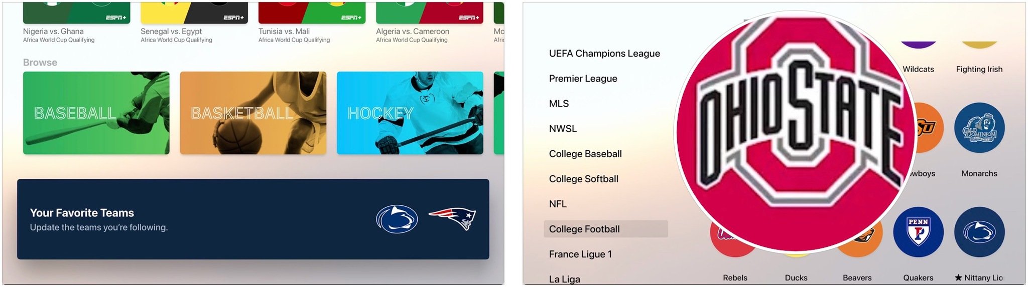 To set up the TV app for your favorite teams, select Your Favorite Teams banner, then choose from the available sports, and select the team. Repeat to add more teams to your list.