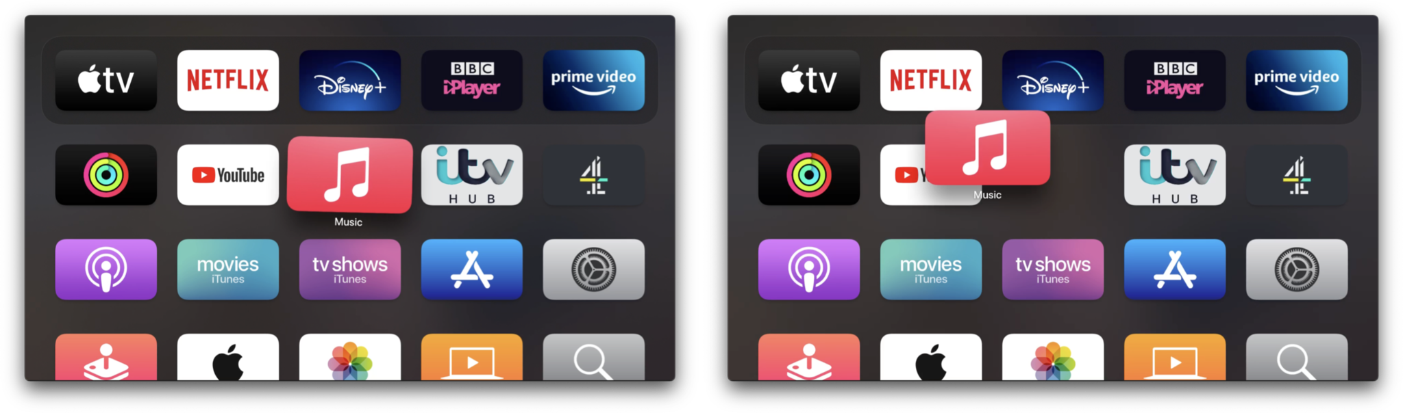 Rearrange apps on Apple TV: Click and hold on the app's icon, drag it to a new position.