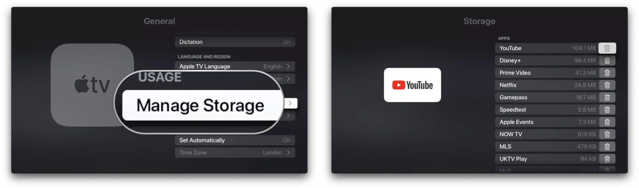Check Apple TV storage: Click Manage Storage, view app usage and delete apps with the Trash icon