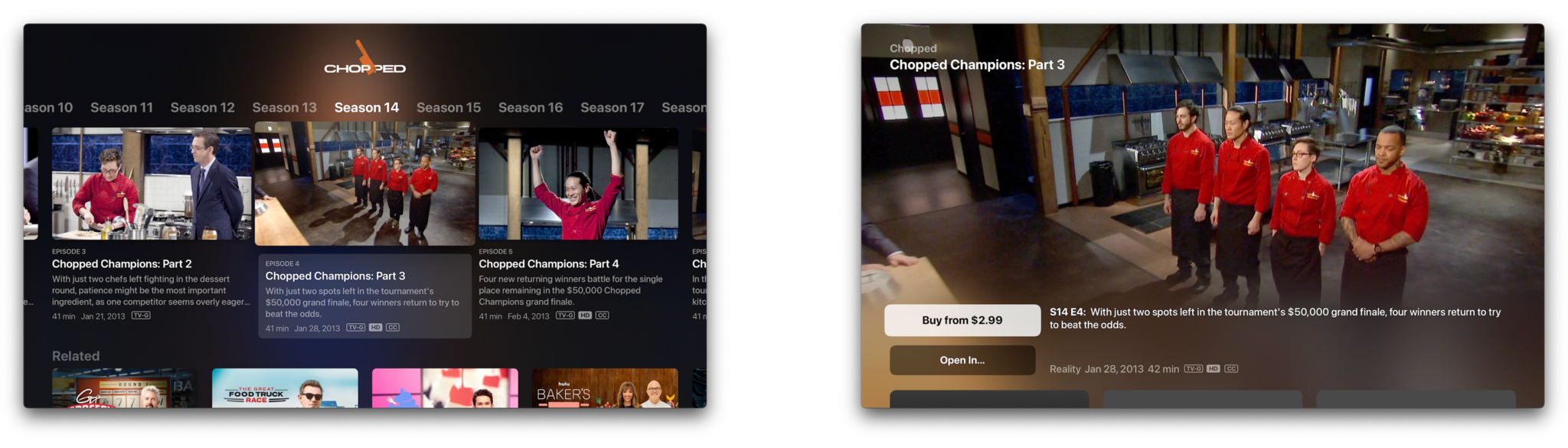 How to buy TV shows in the Apple TV app on Apple TV by showing steps: Click on an available episode, Click Buy from $2.99
