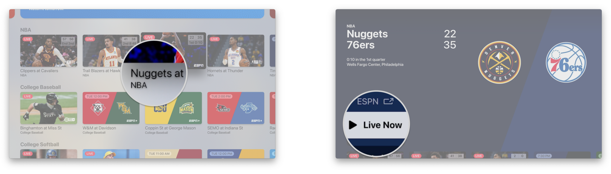 How to watch live sports in the Apple TV app on Apple TV by showing steps: Click on a game that you wish to watch, Click Live Now
