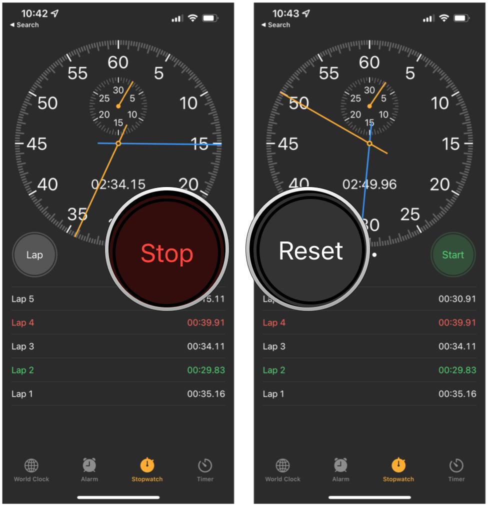 Reset Stopwatch in Clock app on iOS 15: Tap Stop, tap Reset to clear the Stopwatch