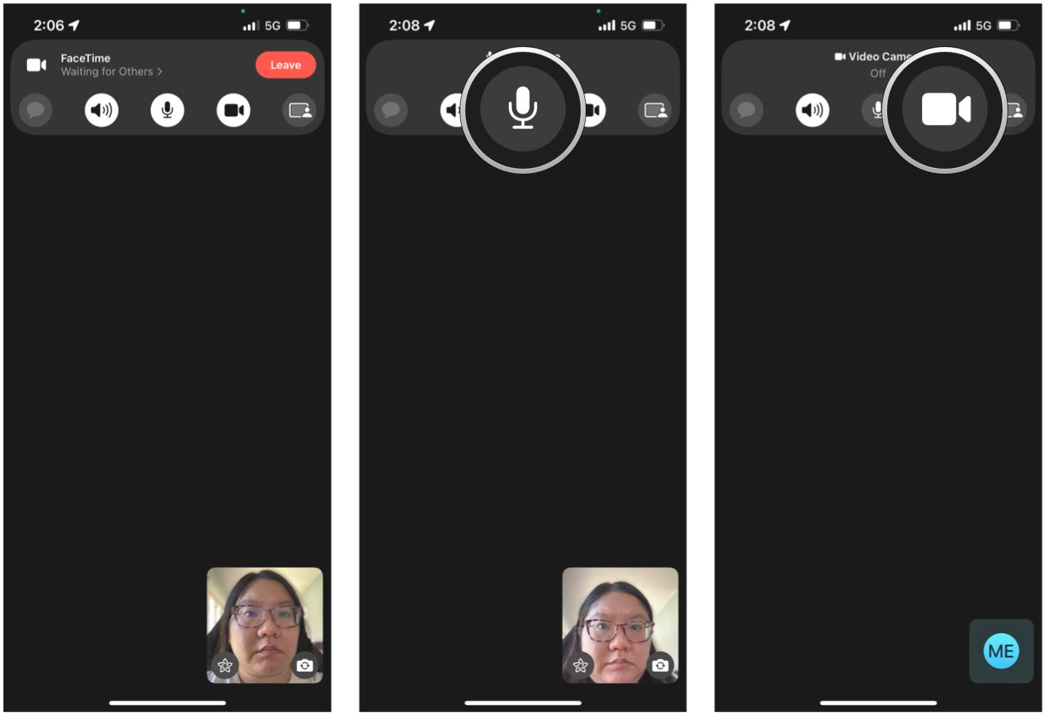 Turn off video or mute yourself on FaceTime call in iOS 15: Start or answer a FaceTime call, then tap the Microphone or Camera toggle on the floating toolbar